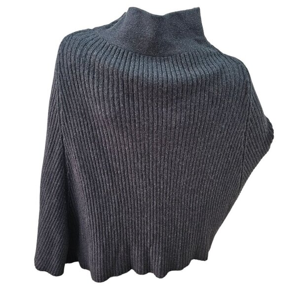 Keyingyi Cashmere Blnd Rib Knit Poncho Sweater High Neck Womens OS Charcoal Gray - Picture 4 of 7